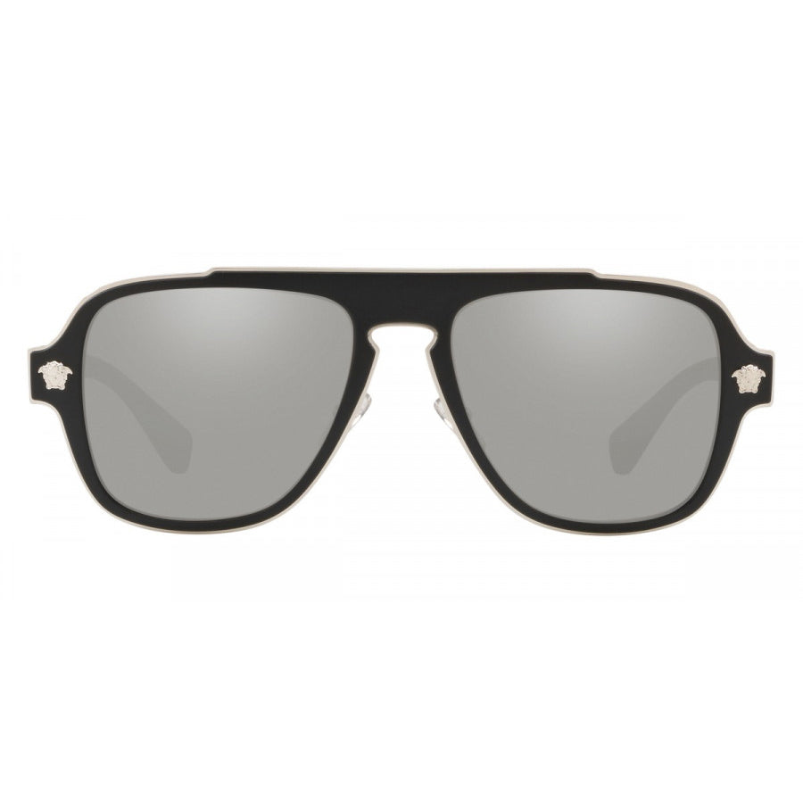 Versace VE2199 matte black shield sunglasses with grey mirrored lenses, available at Lestyle Boutique Melbourne. A bold and fashionable choice for any occasion.