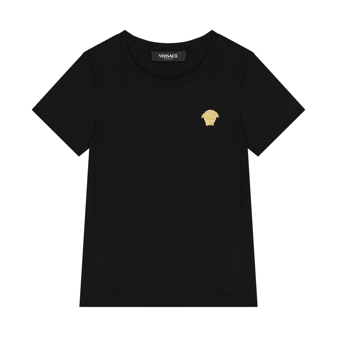 Versace Boys Black Medusa T-Shirt crafted from soft cotton jersey, featuring an embroidered iconic Medusa logo on the chest, short sleeves, and a crew neck for a classic and stylish look. Available at Lestyle Boutique.