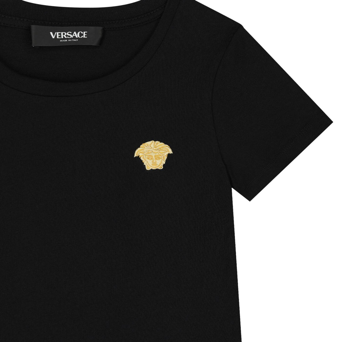 Versace Boys Black Medusa T-Shirt crafted from soft cotton jersey, featuring an embroidered iconic Medusa logo on the chest, short sleeves, and a crew neck for a classic and stylish look. Available at Lestyle Boutique.