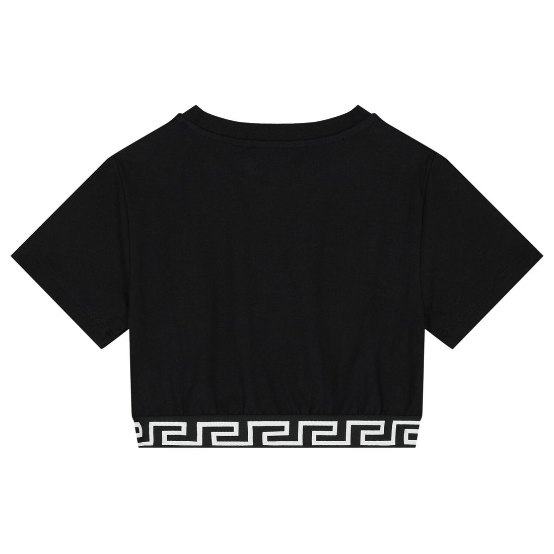 Versace Girls Black Medusa T-Shirt made from soft cotton jersey, featuring an embroidered Medusa motif on the chest and an elasticated hem with the signature white Greca motif. Stylish and comfortable, available at Lestyle Boutique.