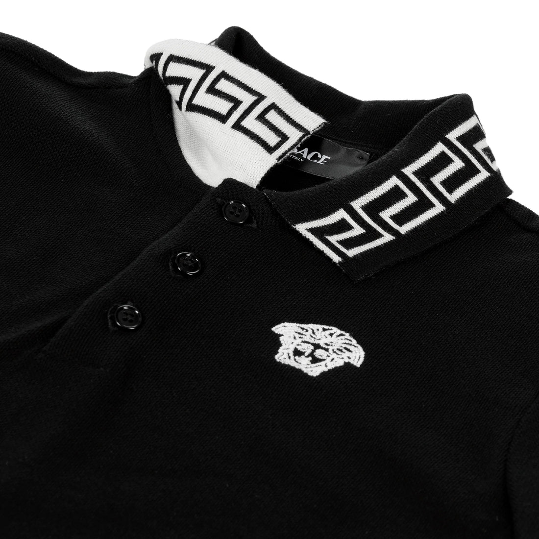 VERSACE BLACK LOGO POLO WITH GRECA COLLAR DETAIL AND MEDUSA KIDS EMBROIDERY, AVAILABLE AT LESTYLE BOUTIQUE MELBOURNE.