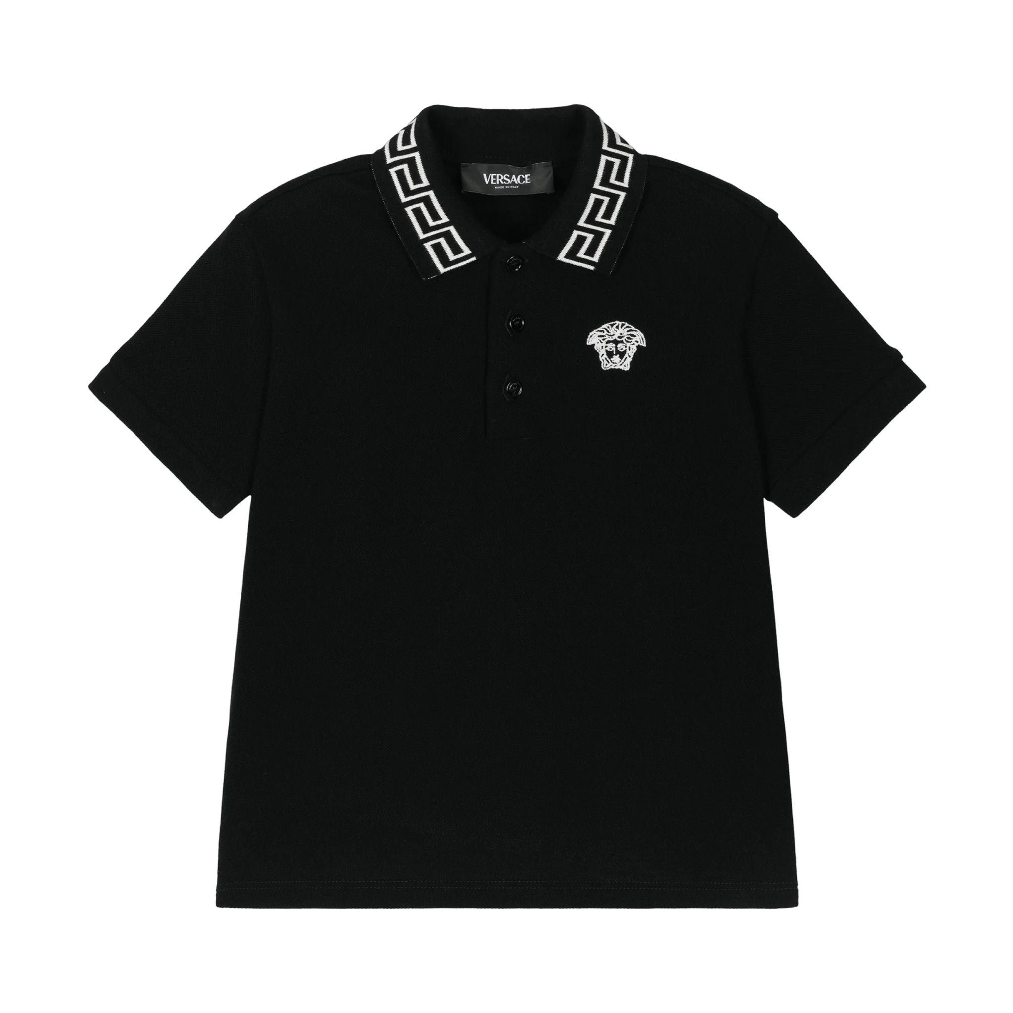 VERSACE BLACK LOGO POLO WITH GRECA COLLAR DETAIL AND MEDUSA KIDS EMBROIDERY, AVAILABLE AT LESTYLE BOUTIQUE MELBOURNE.