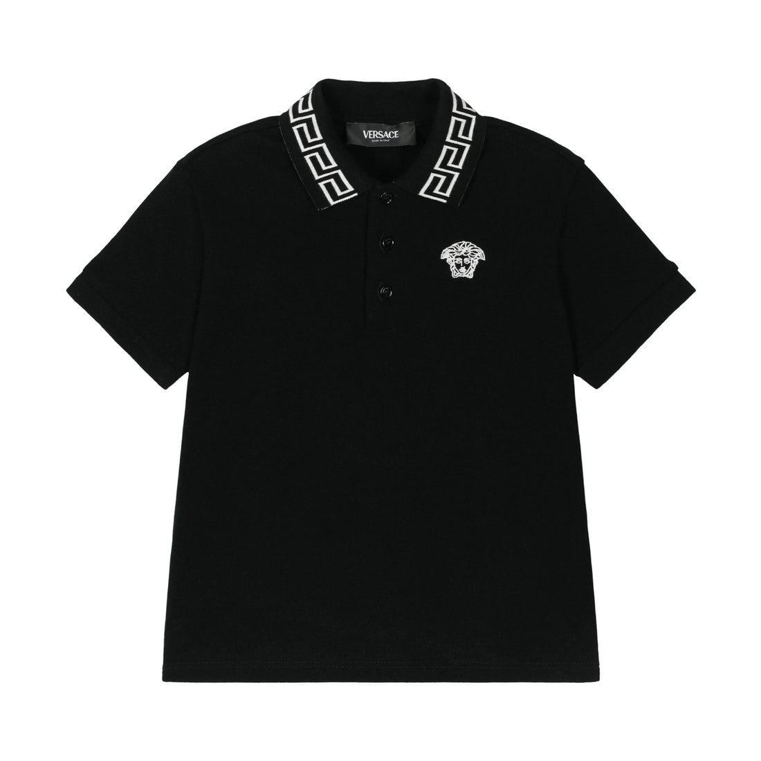VERSACE BLACK LOGO POLO WITH GRECA COLLAR DETAIL AND MEDUSA KIDS EMBROIDERY, AVAILABLE AT LESTYLE BOUTIQUE MELBOURNE.