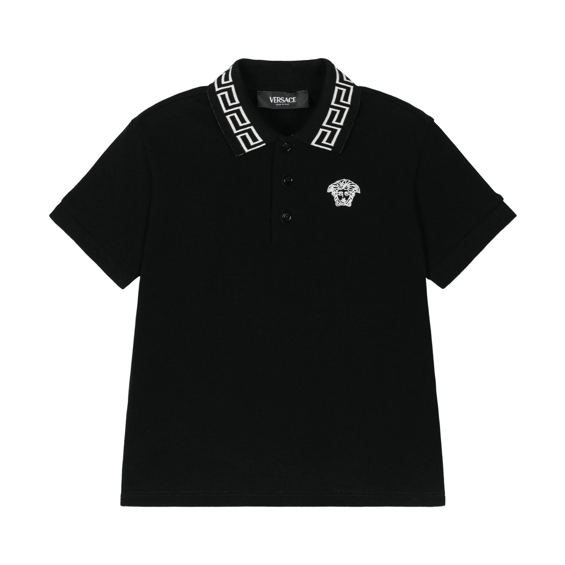 VERSACE BLACK LOGO POLO WITH GRECA COLLAR DETAIL AND MEDUSA KIDS EMBROIDERY, AVAILABLE AT LESTYLE BOUTIQUE MELBOURNE.
