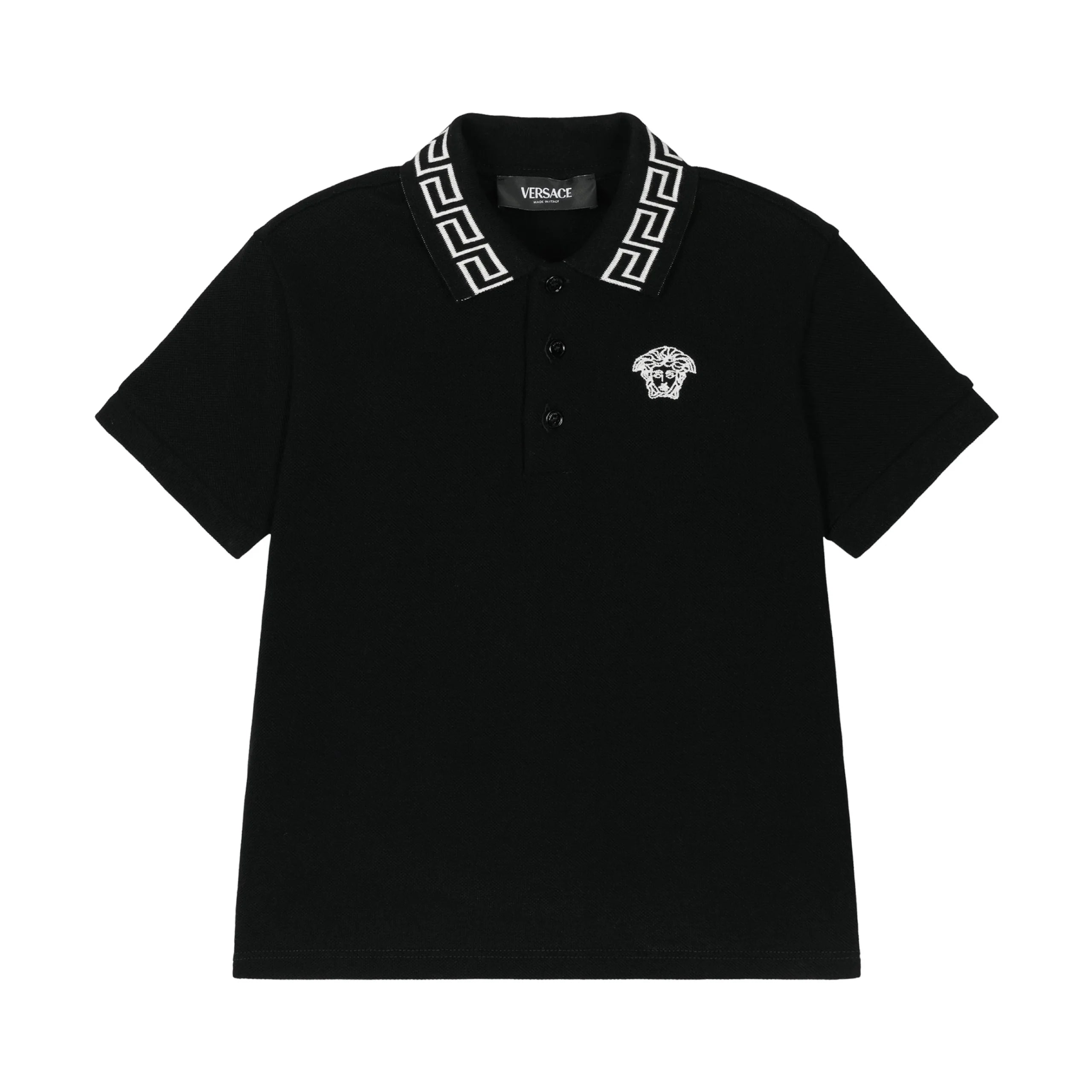 VERSACE BLACK LOGO POLO WITH GRECA COLLAR DETAIL AND MEDUSA KIDS EMBROIDERY, AVAILABLE AT LESTYLE BOUTIQUE MELBOURNE.
