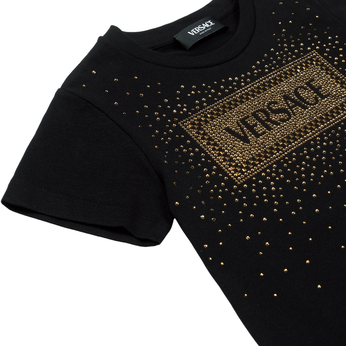 Versace Black Strass Logo T-Shirt featuring a dazzling strass logo design, short sleeves, and a crew neck, crafted in black cotton for a statement look, available at Lestyle Boutique.