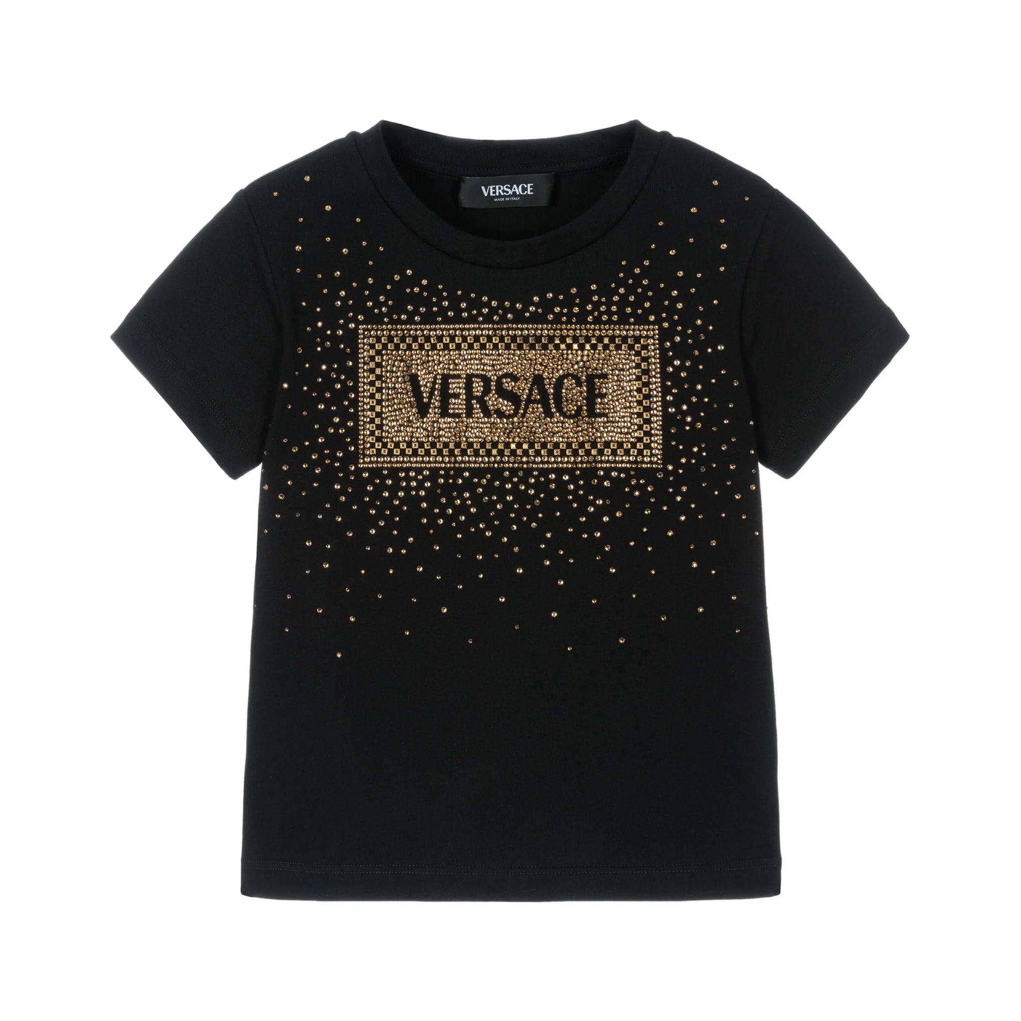 Versace Black Strass Logo T-Shirt featuring a dazzling strass logo design, short sleeves, and a crew neck, crafted in black cotton for a statement look, available at Lestyle Boutique.
