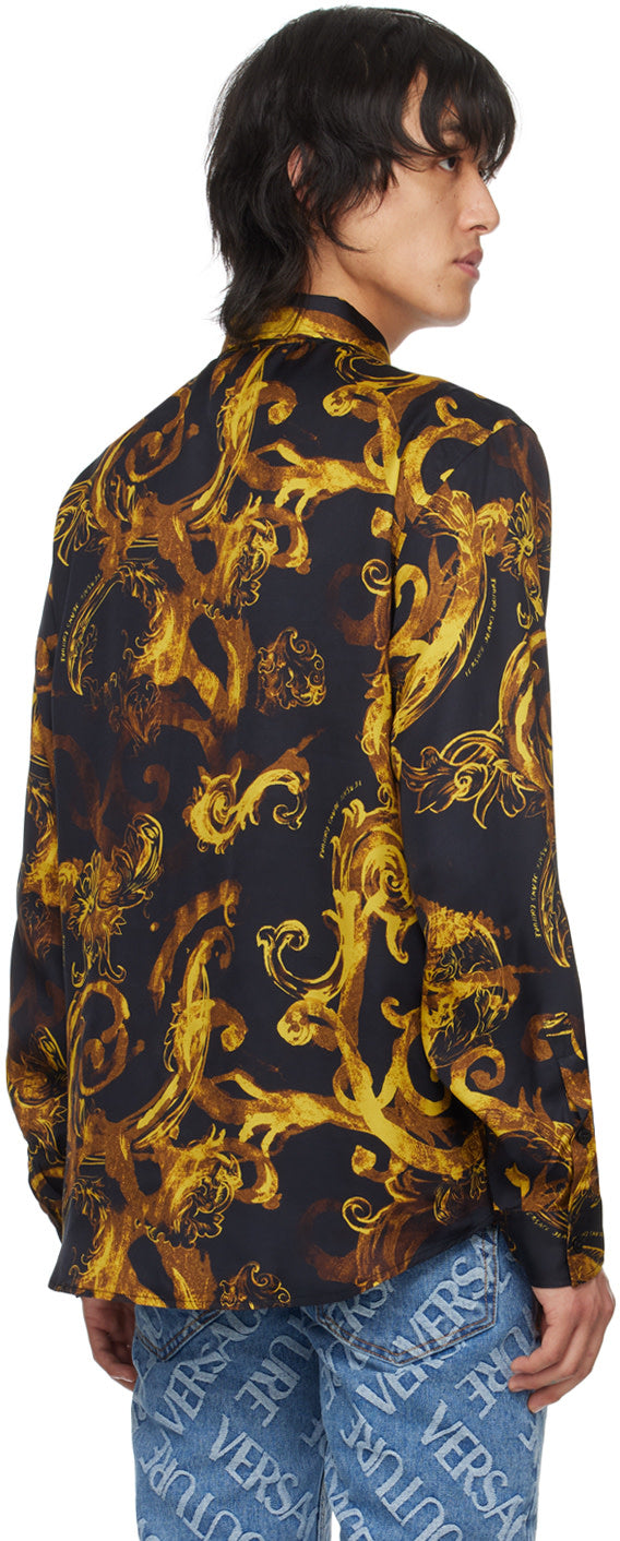 Versace Jeans Couture shirt with black and gold logo pattern in viscose twill, available at Lestyle Boutique Melbourne