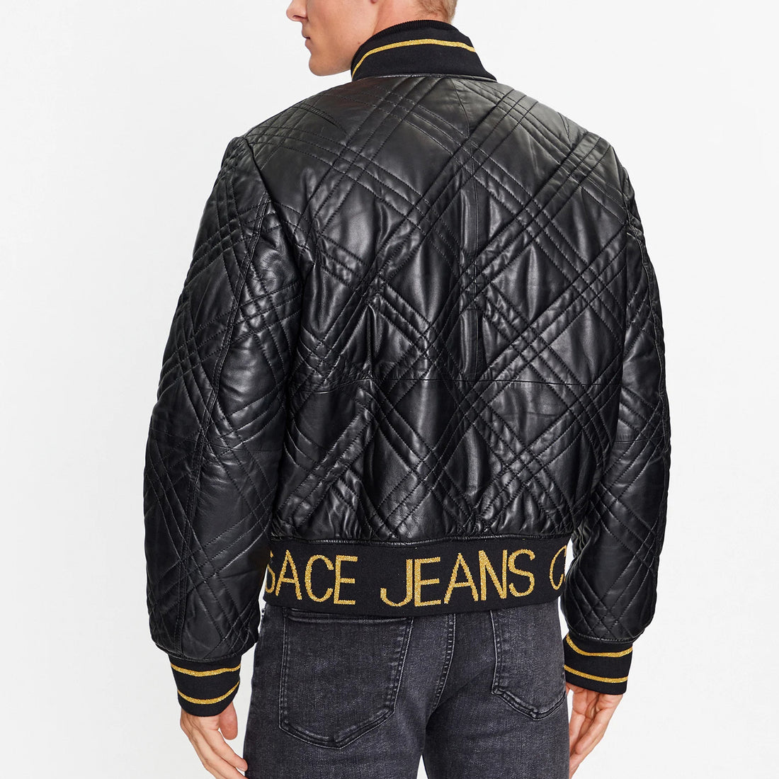 Versace Jeans Couture black leather jacket with a sleek design, available at Lestyle Boutique Melbourne. A stylish and durable choice for a luxurious outerwear look.