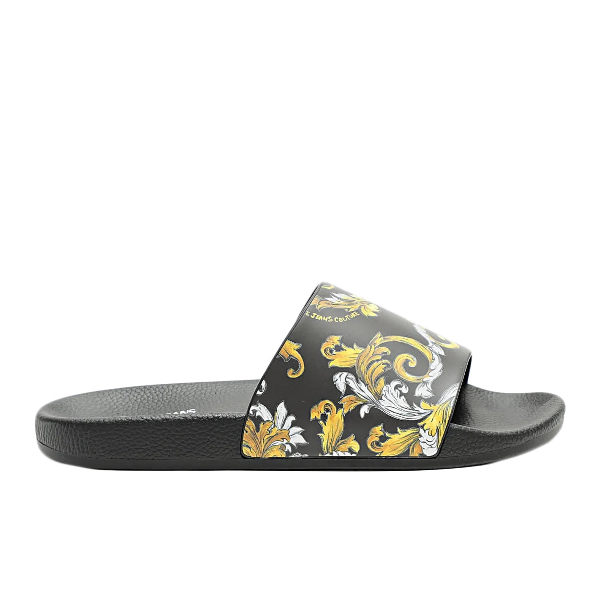 Versace Jeans Couture Fondo Slides in black with a striking gold Barocco print, featuring a branded strap and contoured footbed for ultimate comfort and luxury, available at Lestyle Boutique.