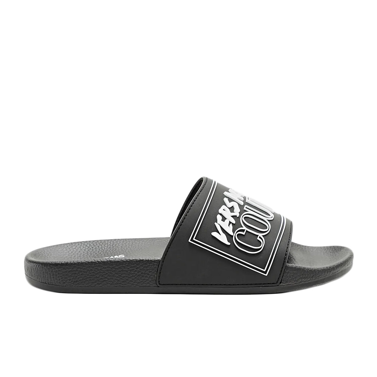 Versace Jeans Couture slides in black with an embossed white logo, featuring a slip-on design and cushioned sole for comfort and effortless style, available at Lestyle Boutique.
