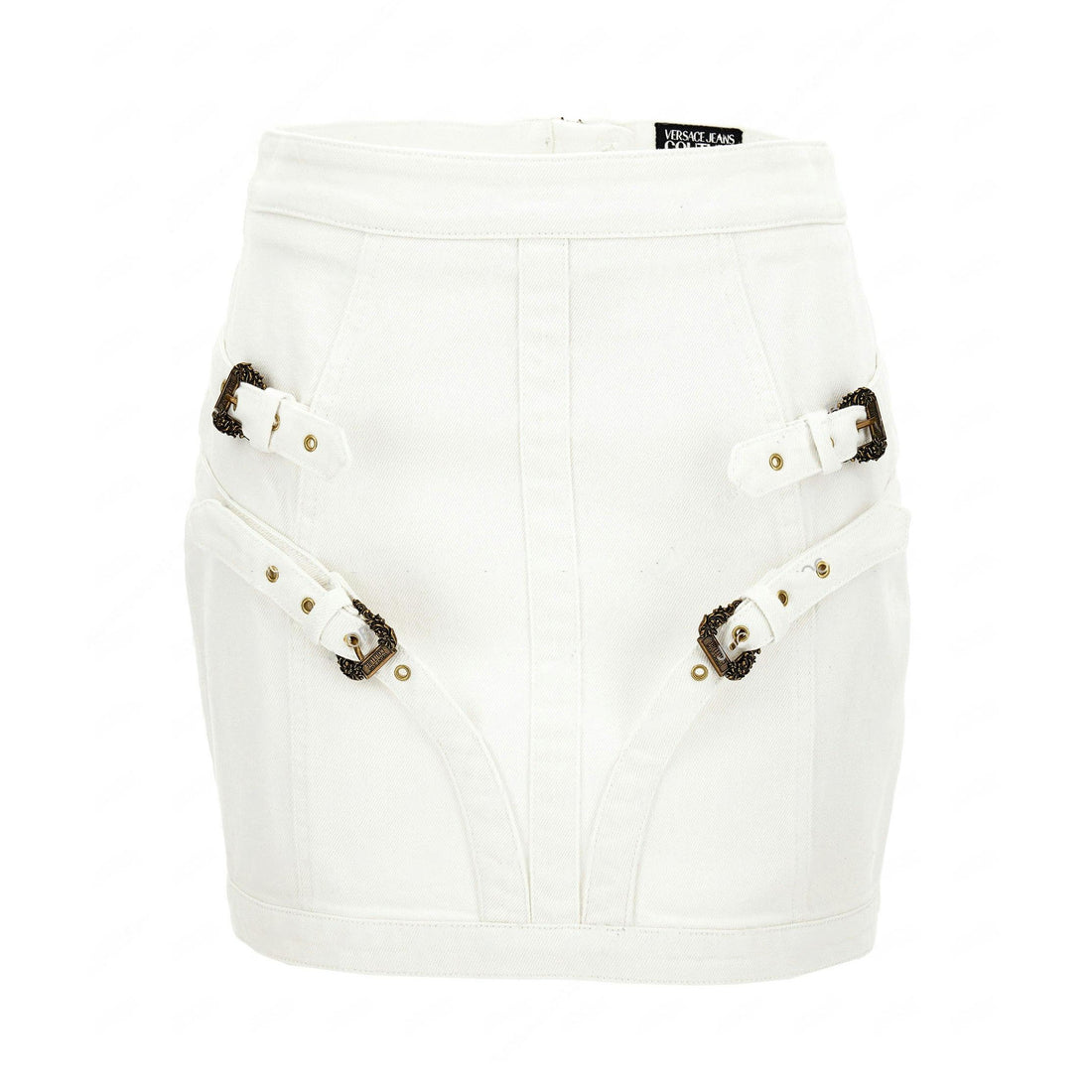 Versace Jeans Couture White Denim Mini Skirt showcasing Barocco-inspired buckles and fine top-stitching, blending luxury and modern fashion, available at Lestyle Boutique.