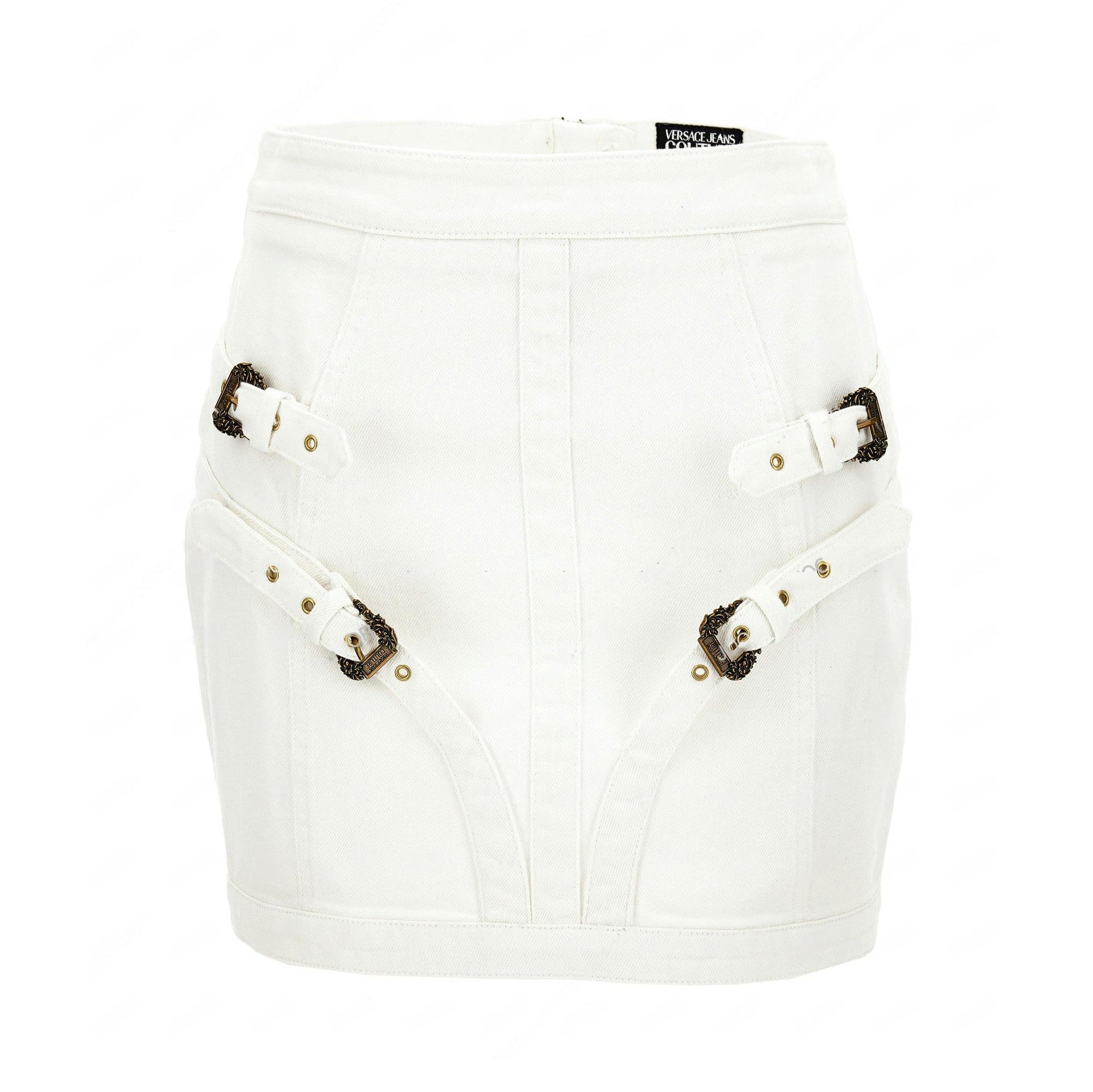 Versace Jeans Couture White Denim Mini Skirt showcasing Barocco-inspired buckles and fine top-stitching, blending luxury and modern fashion, available at Lestyle Boutique.