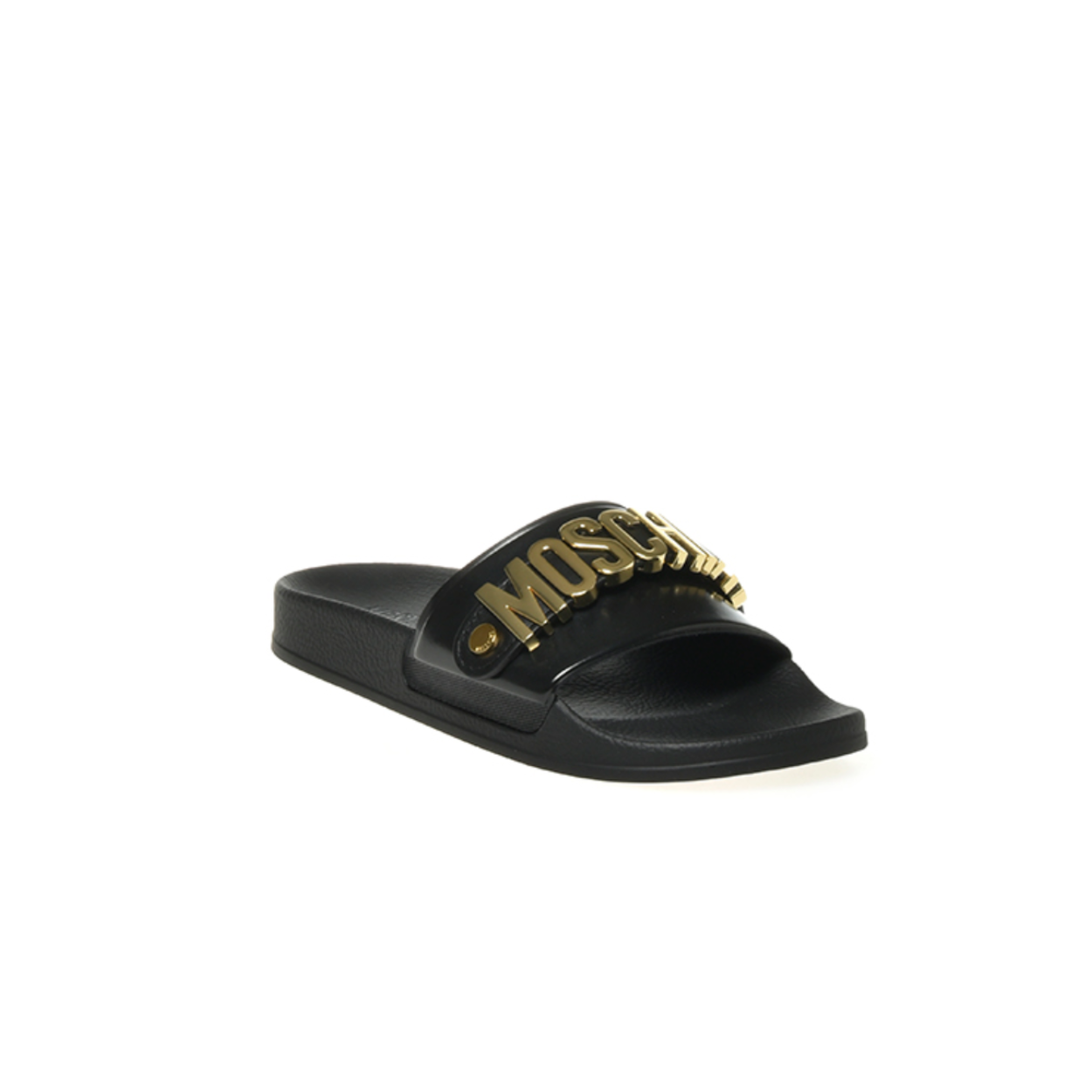 black and gold moschino slides