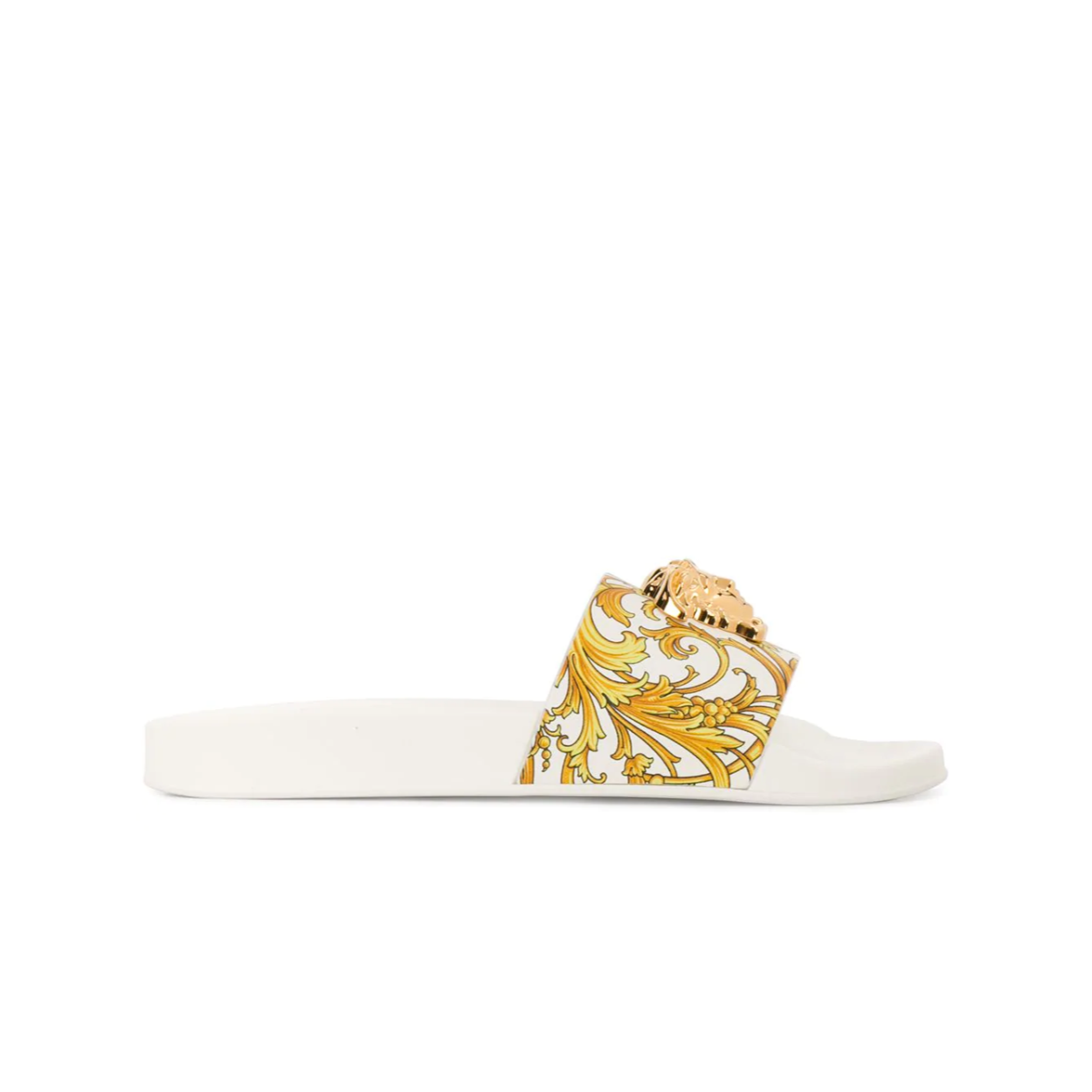 white and gold versace slides