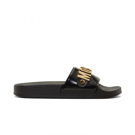 MOSCHINO-BLACK-AND-GOLD-LOGO-POOL-SLIDES