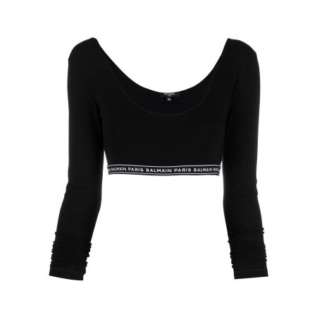 black/white stretch-cotton U-neck long sleeves tonal stitching logo trim cropped Made in Italy