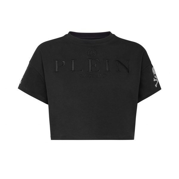 PHILIPP PLEIN T-SHIRT ROUND NECK SS CROP CRYSTAL SKULL