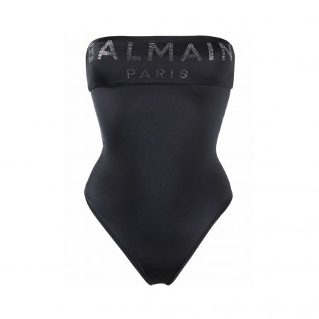 BALMAIN STRAPLESS RHINESTONE-LOGO SWIMSUIT