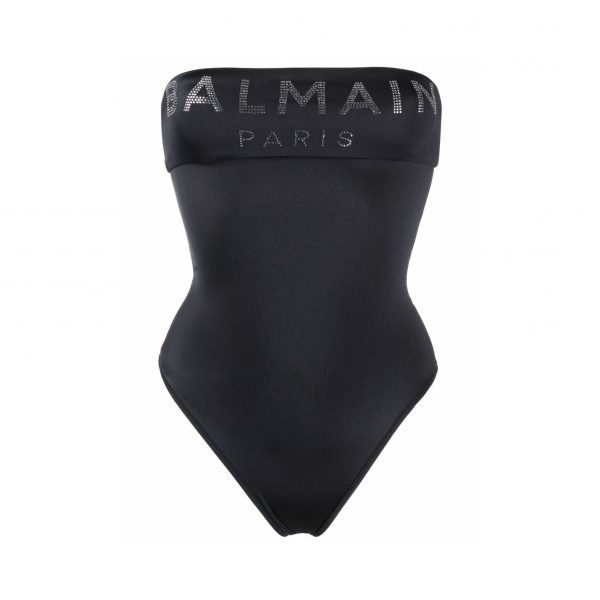 BALMAIN STRAPLESS RHINESTONE-LOGO SWIMSUIT