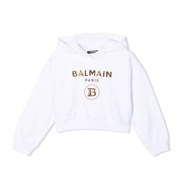 BALMAIN KIDS CROPPED SEQUIN-LOGO HOODIE