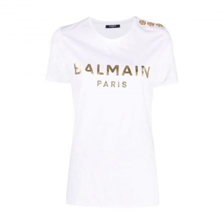 BALMAIN METALLIC LOGO-PRINT COTTON T-SHIRT