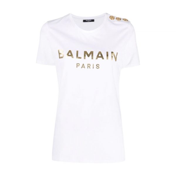 BALMAIN METALLIC LOGO-PRINT COTTON T-SHIRT