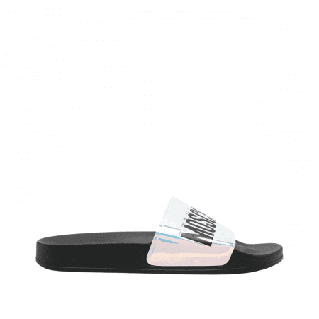 MOSCHINO IRIDESCENT LOGO-STRAP SLIDES