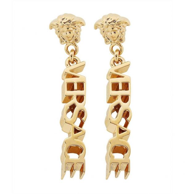 VERSACE GOLD LOGO DROP EARRINGS