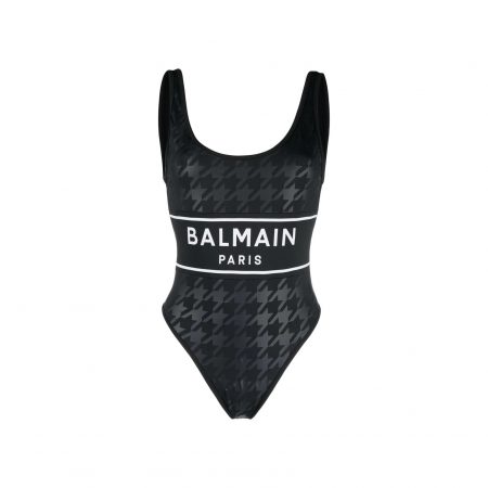 BALMAIN HOUNDSTOOTH-PRINT LOGO-STRIPE SWIMSUIT