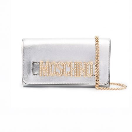 MOSCHINO CRYSTAL-EMBELLISHMENT LOGO CLUTCH BAG