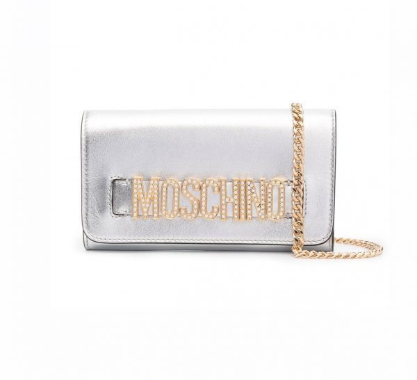 MOSCHINO CRYSTAL-EMBELLISHMENT LOGO CLUTCH BAG