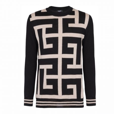 BALMAIN MONOGRAM-PRINT MERINO WOOL JUMPER