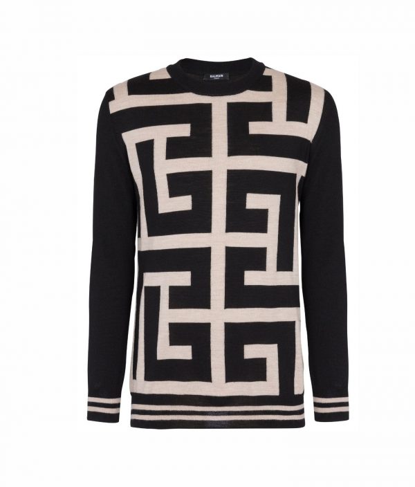 BALMAIN MONOGRAM-PRINT MERINO WOOL JUMPER