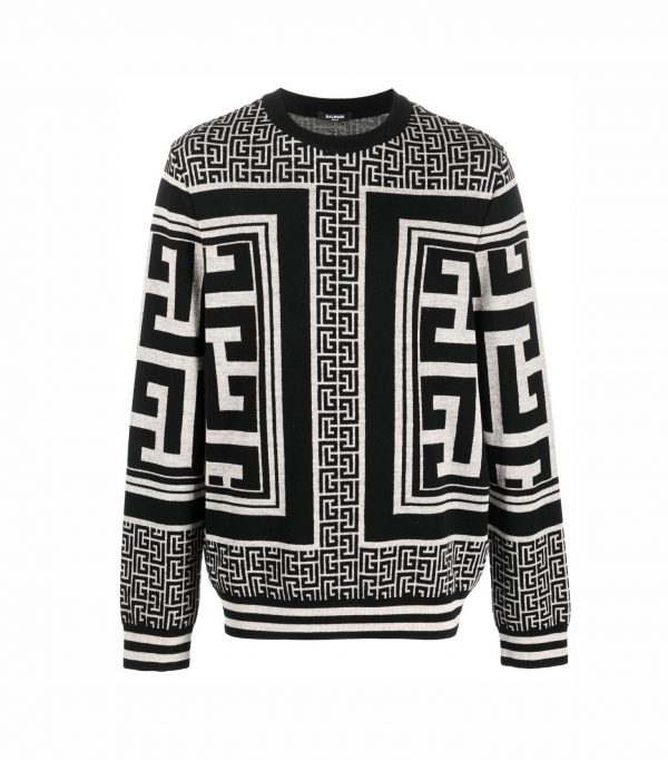 BALMAIN MONOGRAM WOOL-LINEN JUMPER