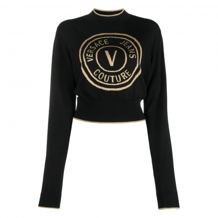 VERSACE JEANS COUTURE LONG-SLEEVE LOGO-PRINT CROPPED TOP