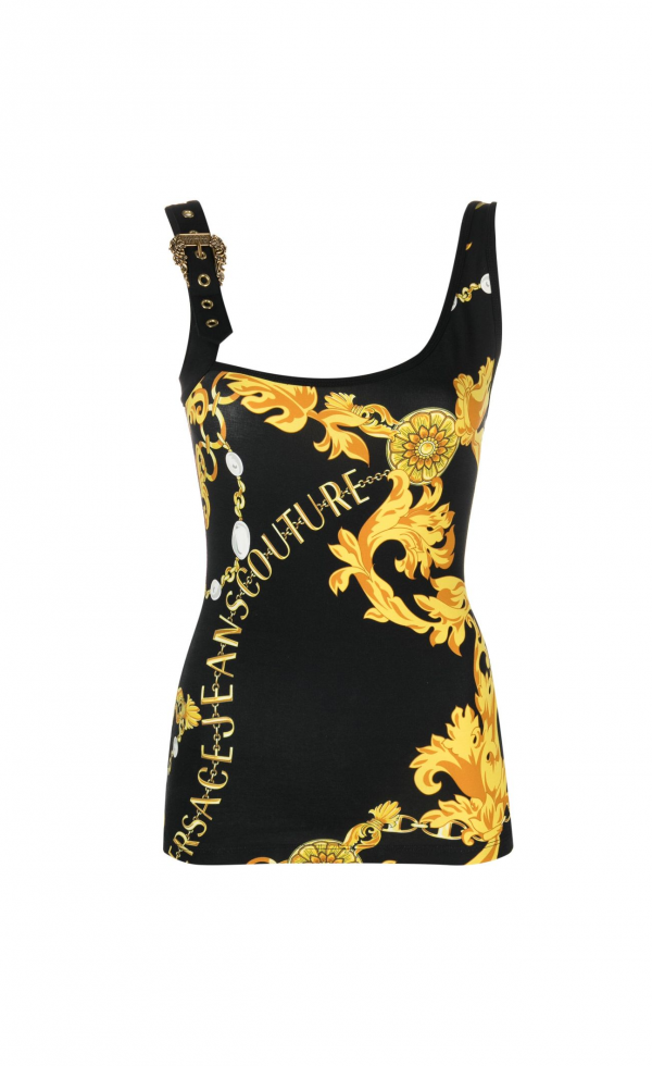 VERSACE JEANS COUTURE LOGO-PRINT BUCKLE-DETAIL TOP
