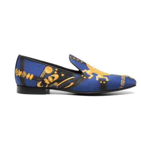 VERSACE MEDUSA SADDLE-PRINT SILK SLIPPERS