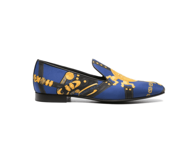 VERSACE MEDUSA SADDLE-PRINT SILK SLIPPERS