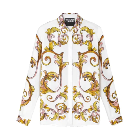 Versace Jeans Couture White Outline Barocco Shirt featuring the brand’s signature print and luxurious V-Emblem buttons, ideal for elevating your wardrobe with a touch of elegance and boldness. Available at Lestyle Boutique.
