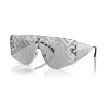 Front and side view of Dolce&Gabbana silver rectangle metal sunglasses with mirrored silver lenses, available at Lestyle. Unisex design with a polished finish and adjustable nose pads for comfort.