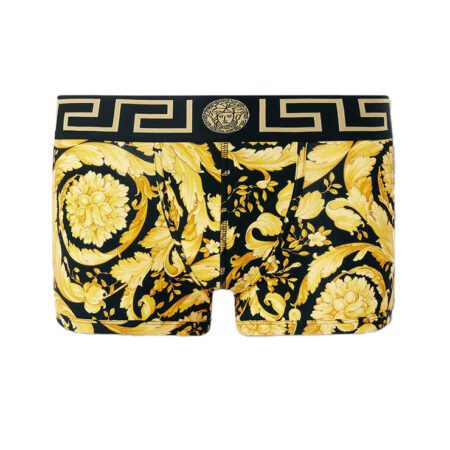 Versace Barocco print trunks with a Medusa logo elastic waistband, available at Lestyle. Slim fit underwear designed for comfort and style, featuring soft stretch fabric.