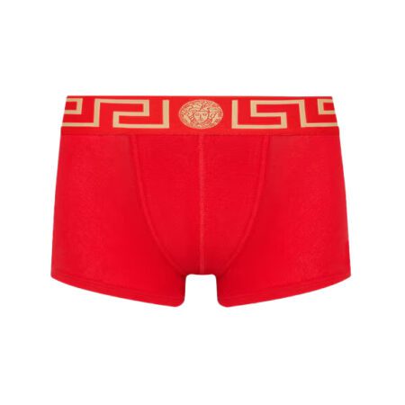 Versace Greca border red trunks with a Medusa logo elastic waistband, available at Lestyle. Slim fit men's underwear with stretch cotton fabric for comfort.
