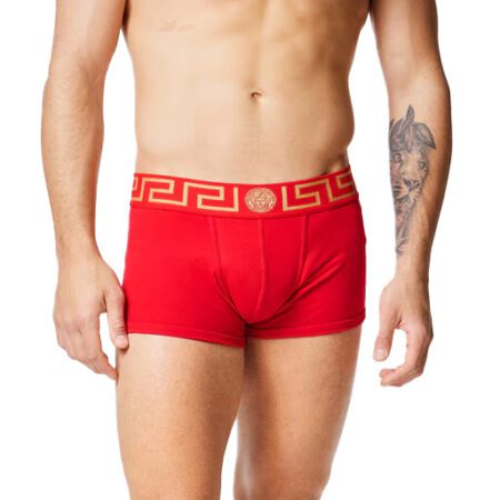 Versace Greca border red trunks with a Medusa logo elastic waistband, available at Lestyle. Slim fit men's underwear with stretch cotton fabric for comfort.