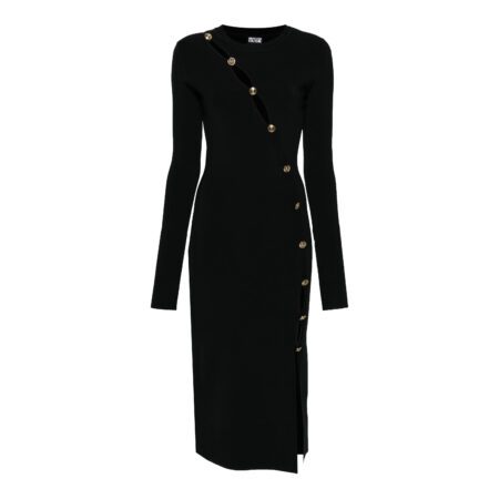 Versace Jeans Couture black knitted midi dress with decorative buttons, available at Lestyle Boutique Melbourne. A stylish and elegant choice for formal occasions.