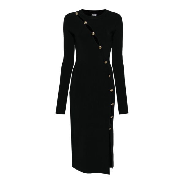 Versace Jeans Couture black knitted midi dress with decorative buttons available at Lestyle Boutique Melbourne A stylish and elegant choice for formal occasions