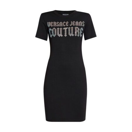 Versace Jeans Couture black logo embellished mini dress, available at Lestyle Boutique Melbourne. A bold and stylish choice for special occasions.