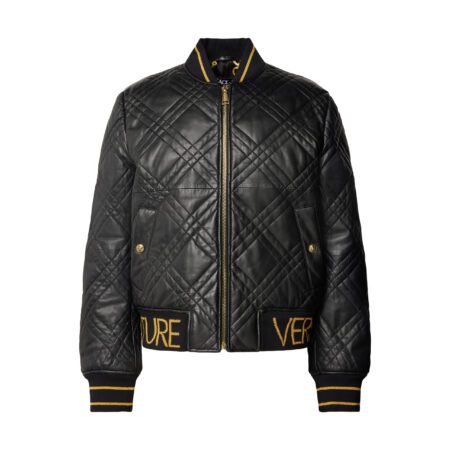 Versace Jeans Couture black leather jacket with a sleek design, available at Lestyle Boutique Melbourne. A stylish and durable choice for a luxurious outerwear look.