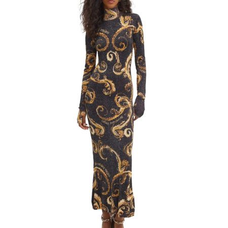 Versace Jeans Couture black fitted maxi dress, available at Lestyle Boutique Melbourne. A stylish and elegant choice for formal occasions.