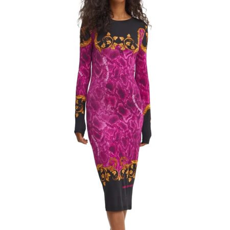 Versace Jeans Couture pink fitted midi dress, available at Lestyle Boutique Melbourne. A stylish and elegant choice for formal and casual occasions.